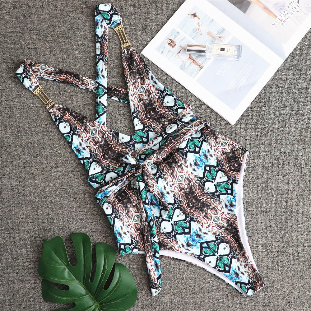 Swimsuit Snake Print Backless Bikini